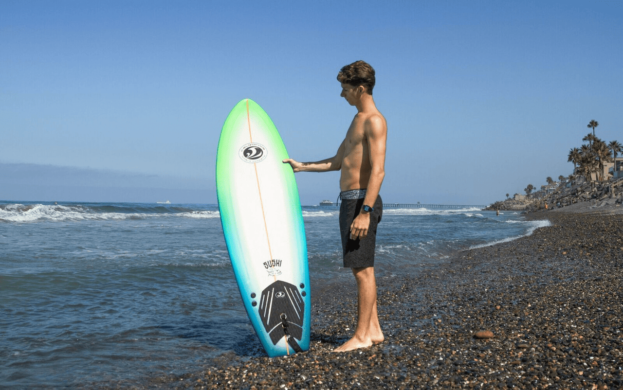 California Board Company 5'8" Sushi Soft Surfboard beach shot2