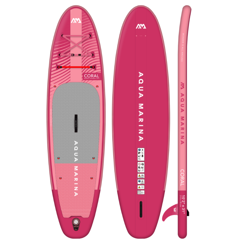 Aqua Marina 10’2” Coral 2023 Inflatable Paddle Board All-Around Advanced Raspberry front side back view