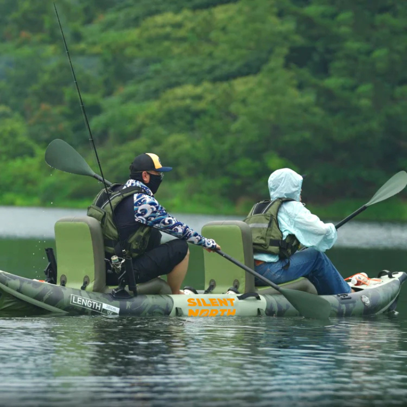2 people riding a Funwater Silent North Bonito 12’6” Inflatable Double Fishing Kayak