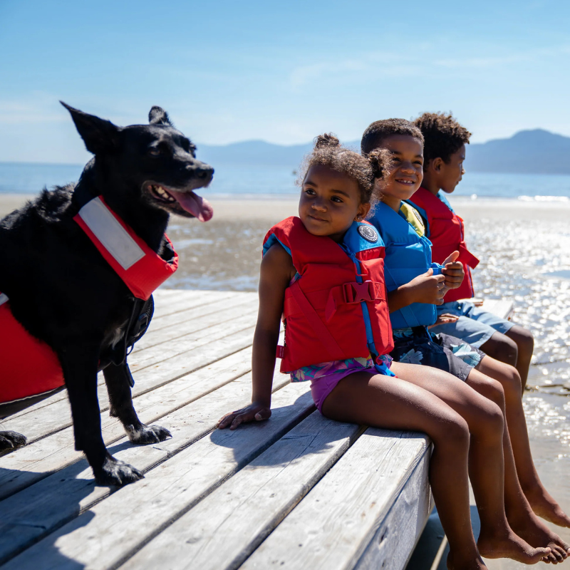 3 Children in Mustang Survival Child Rev Foam Vest with a Dog