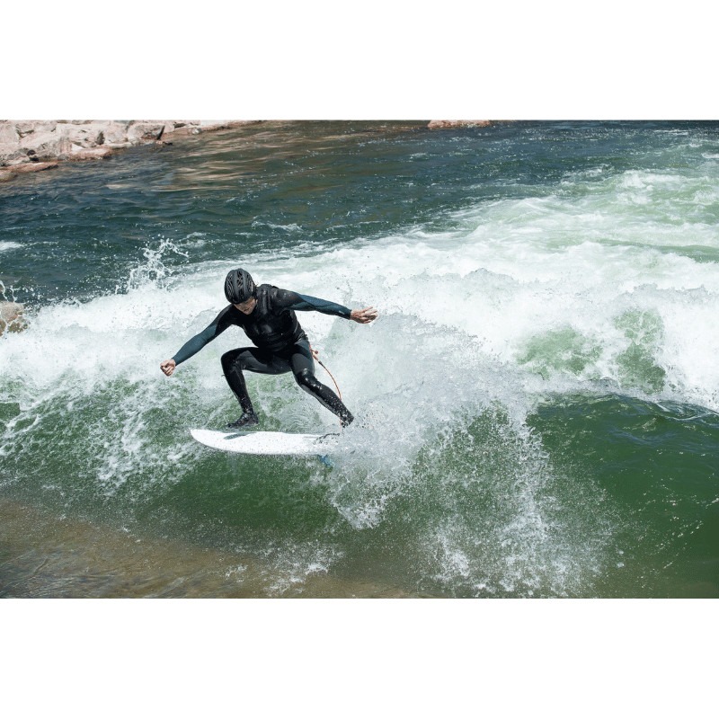 A Intermediate/Advanced Surfer on a Badfish Full Throttle 4'8" high-performance river surfboard 