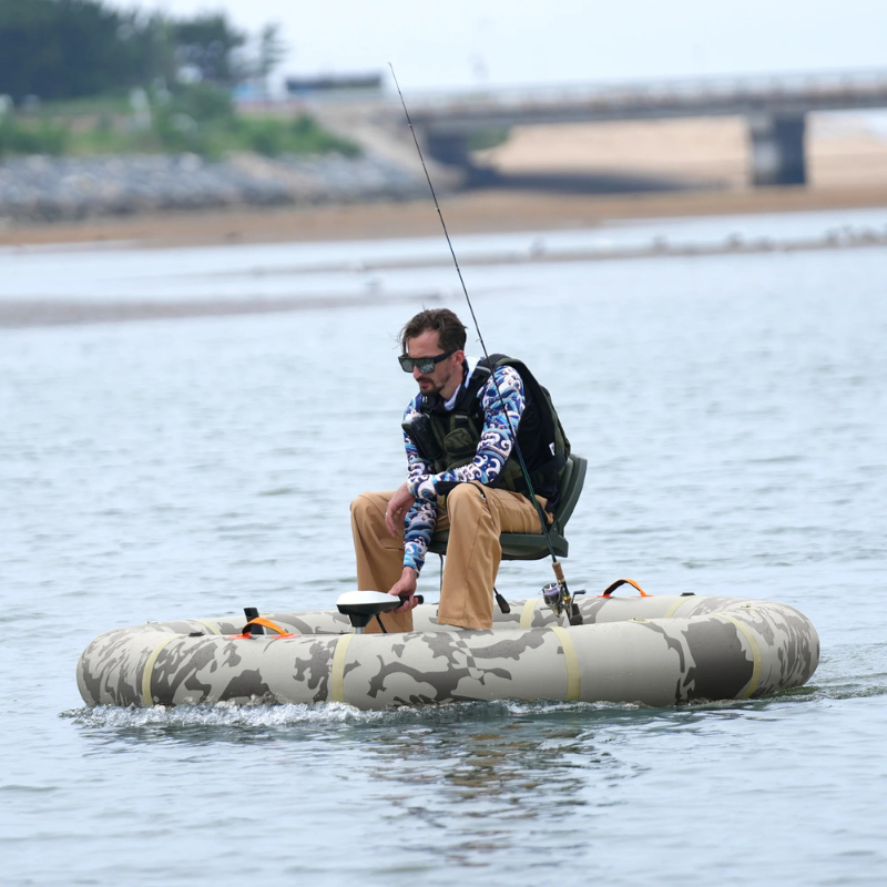 A Man on a Funwater Portafish Ultra Polygon 7'10" Inflatable Floating Platform for Fishing