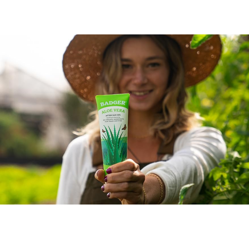 A Person holding a Badger 4 oz Aloe Vera After Sun Gel - Unscented