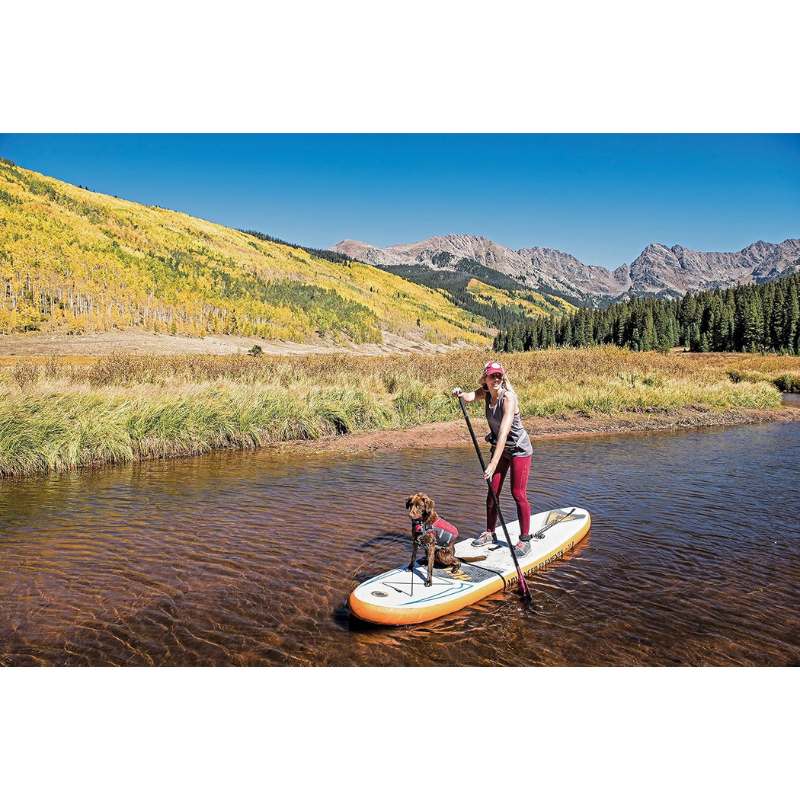 An Woman and her dog on Advanced Elements 11' Hula Inflatable Paddle Board SUP