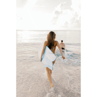 Thumbnail for Lifestyle image of an woman with a Surfboard Trading Co. Finlet Twin Fish EPS Surfboard - Cutlap Aqua