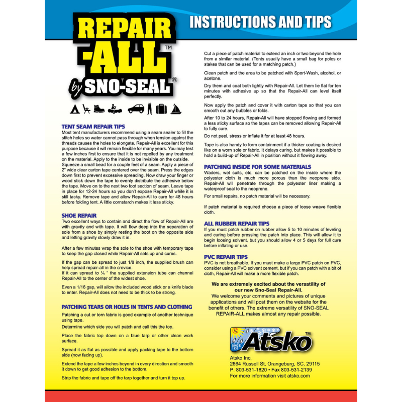 Atsko Repair-All by Sno-Seal - 2oz Flexible Adhesive with Repair Kit more instructions