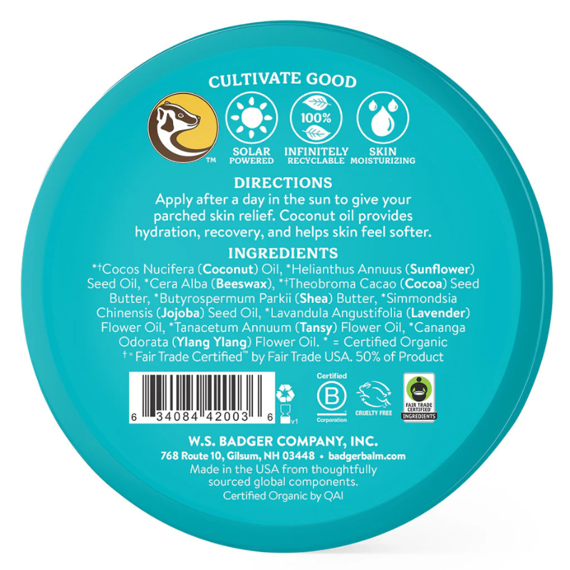 Back of Badger 2 oz Coconut After Sun Balm - Organic Skin Moisturizer