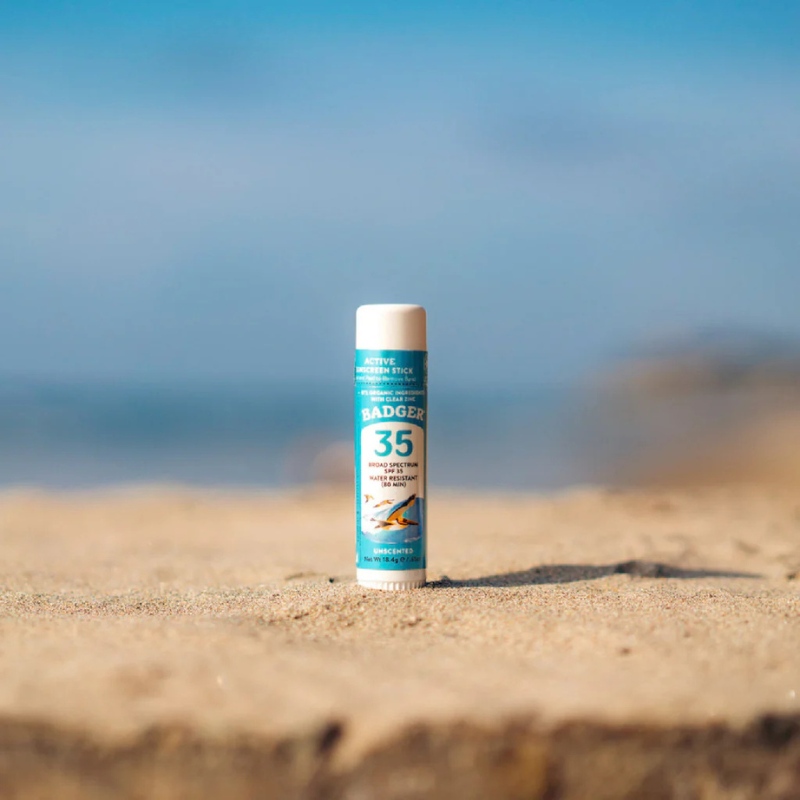 Badger 0.65 oz SPF35 Active Mineral Sunscreen Face Stick on the ground