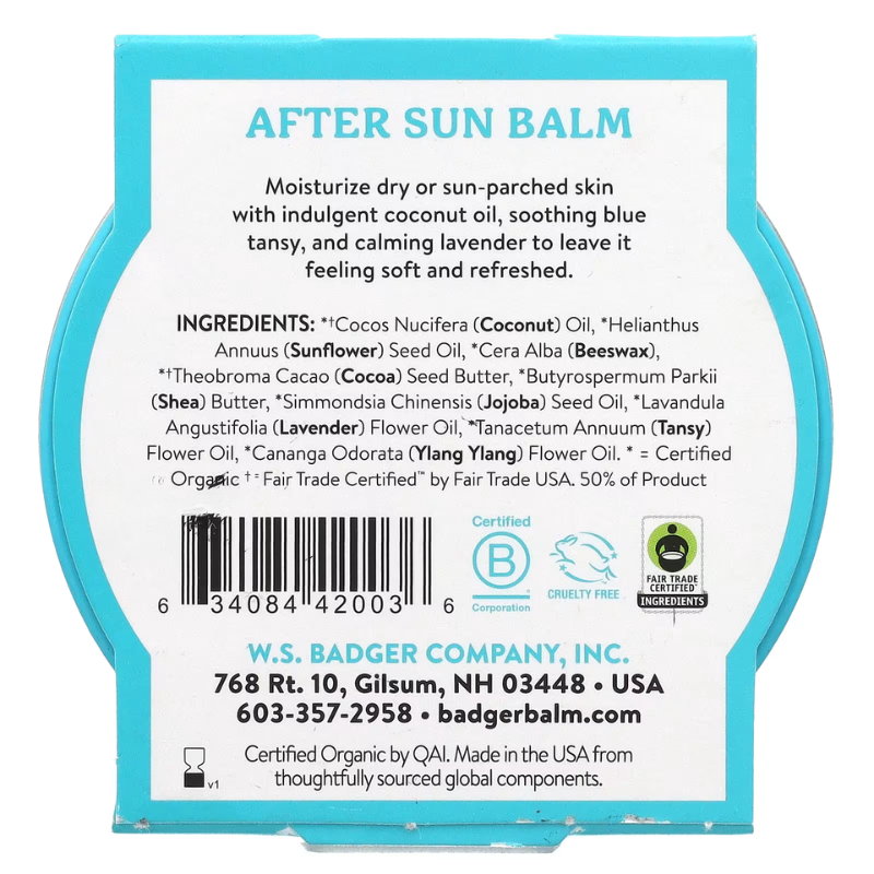 Badger 2 oz Coconut After Sun Balm - Organic Skin Moisturizer back view