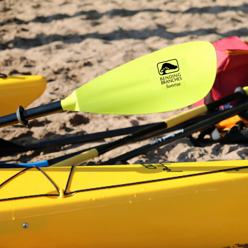 Bending Branches Sunrise Glass 2‑Piece Green Kayak Paddle on a kayak