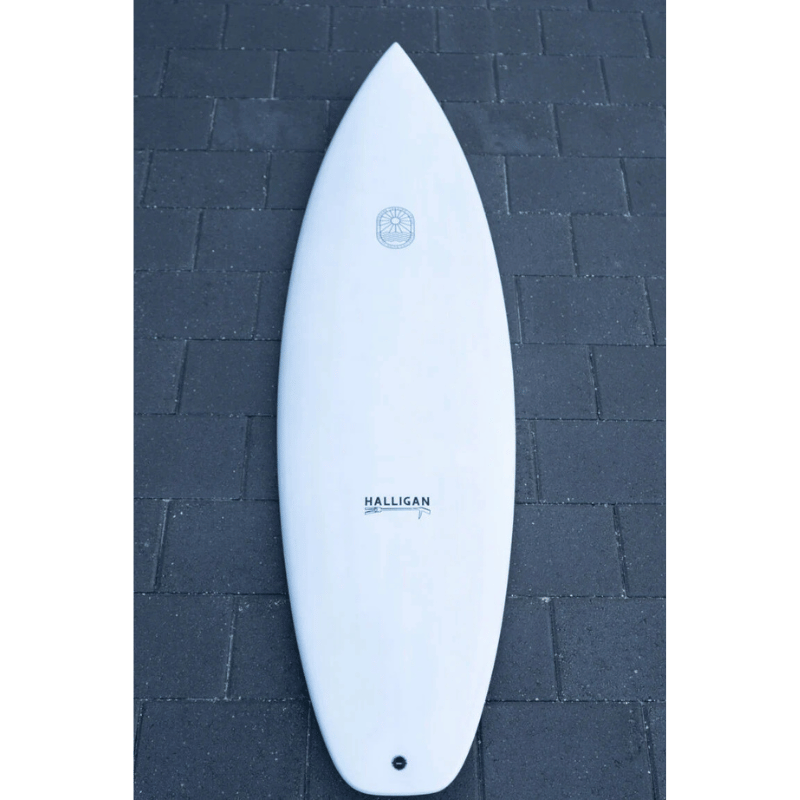 Closeup of Surfboard Trading Co. Halligan Carbon Bomb Proof Tech High-Performance Shortboard Board