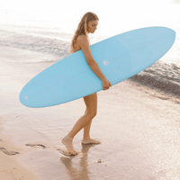 Thumbnail for Closeup view of a surfer with a Surfboard Trading Co. ANY DAY Mid Length EPS Surfboard – Sky