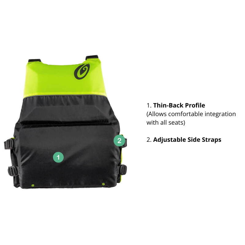 Detailed back view of Old Town Riverstream Unisex Foam Life Jacket - Black/Neon