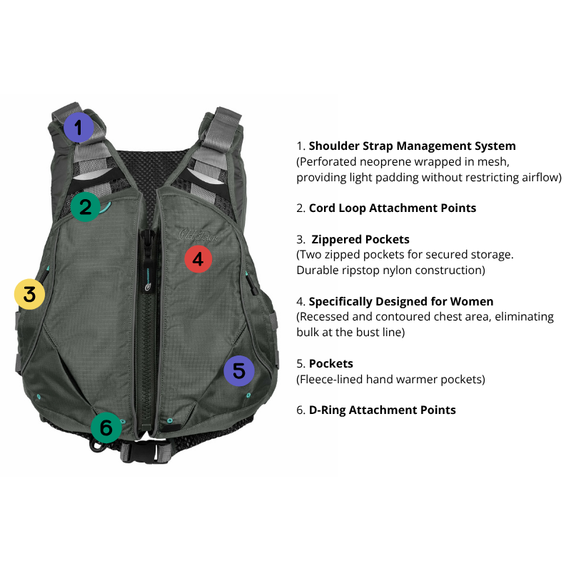 Detailed features of Old Town Solitude II Women’s Foam Life Jacket – Silver front