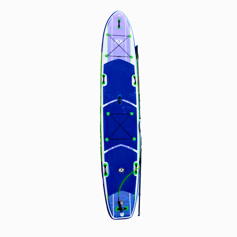 Inflatable paddle board in blue with a green trim