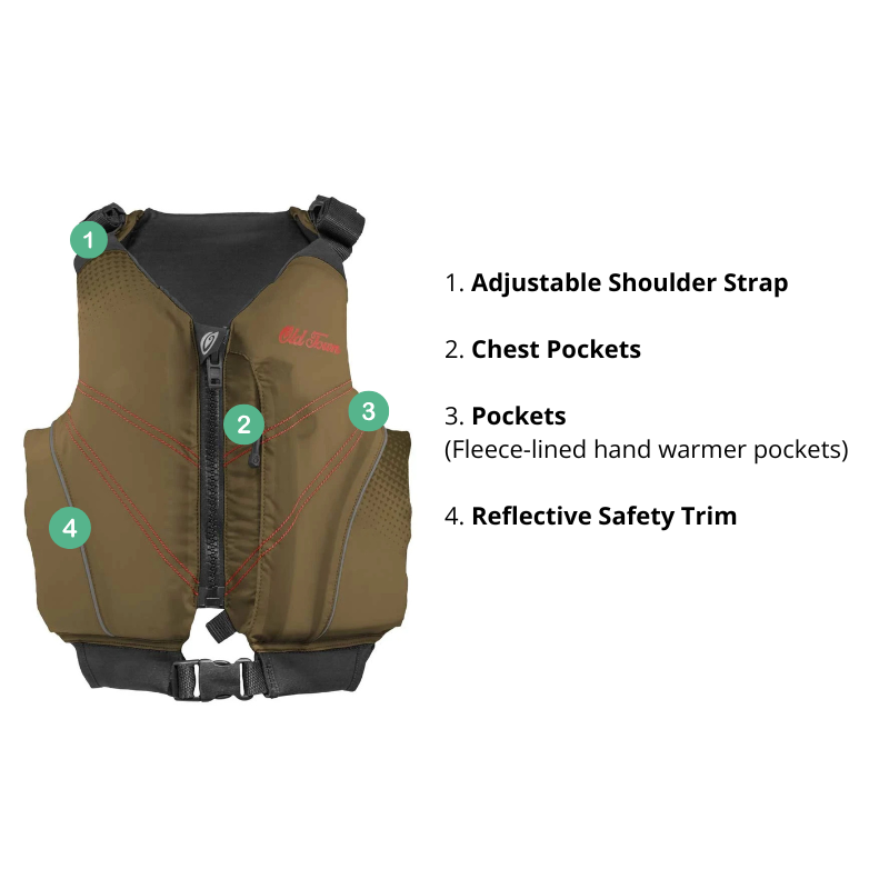 Detailed front features of Old Town Inlet Jr Foam Life Jacket for kids - Tan