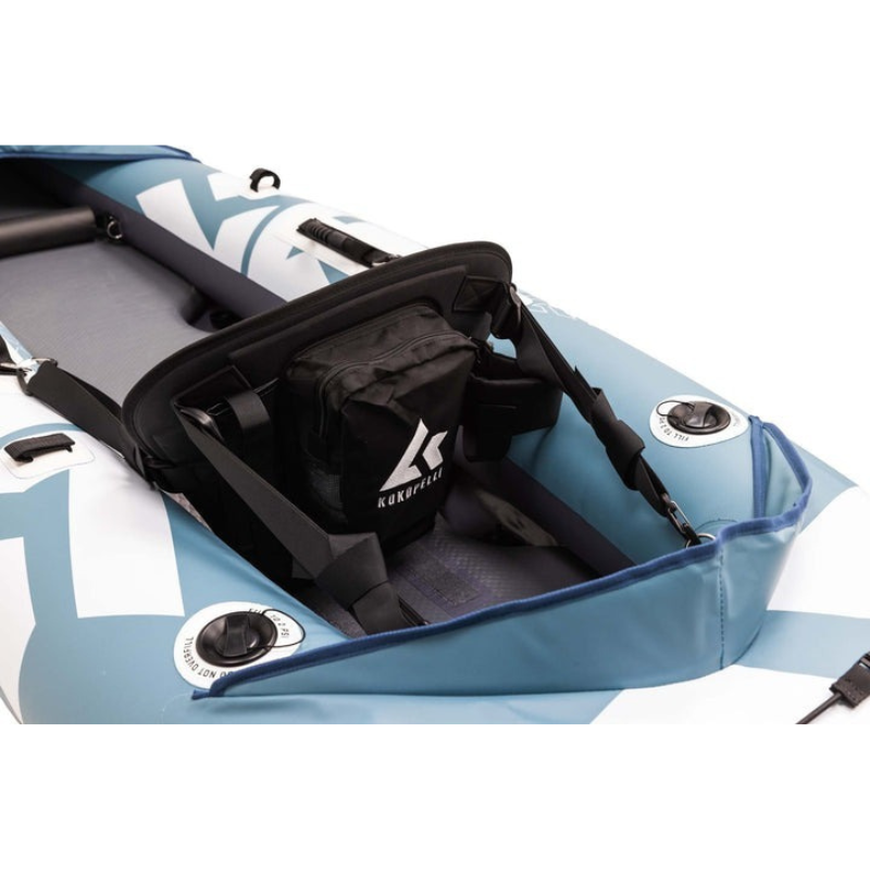 Kokopelli blue Platte Inflatable Kayak bag behind seat