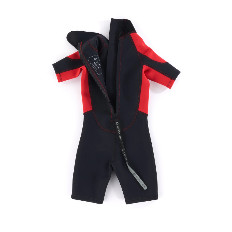 Level Six Child Shorty Neoprene Wetsuit - Red/Black open
