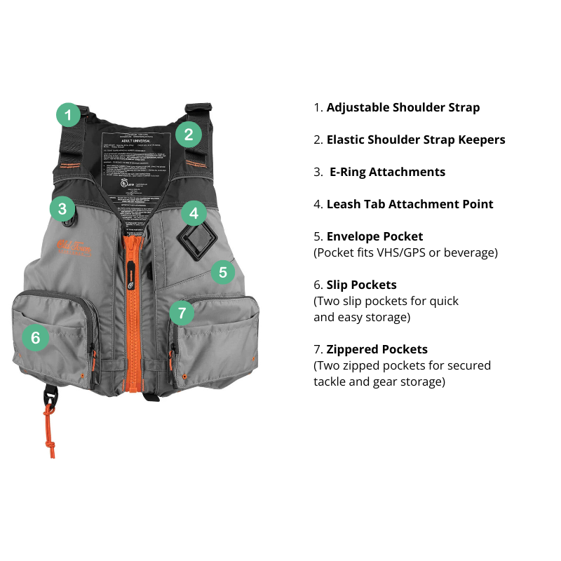 Old Town Treble Angler Sportsman Foam Life Jacket - Silver detailed features of front