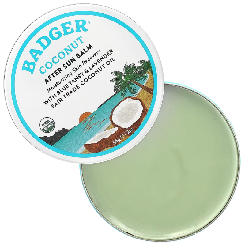 Open can of Badger 2 oz Coconut After Sun Balm - Organic Skin Moisturizer