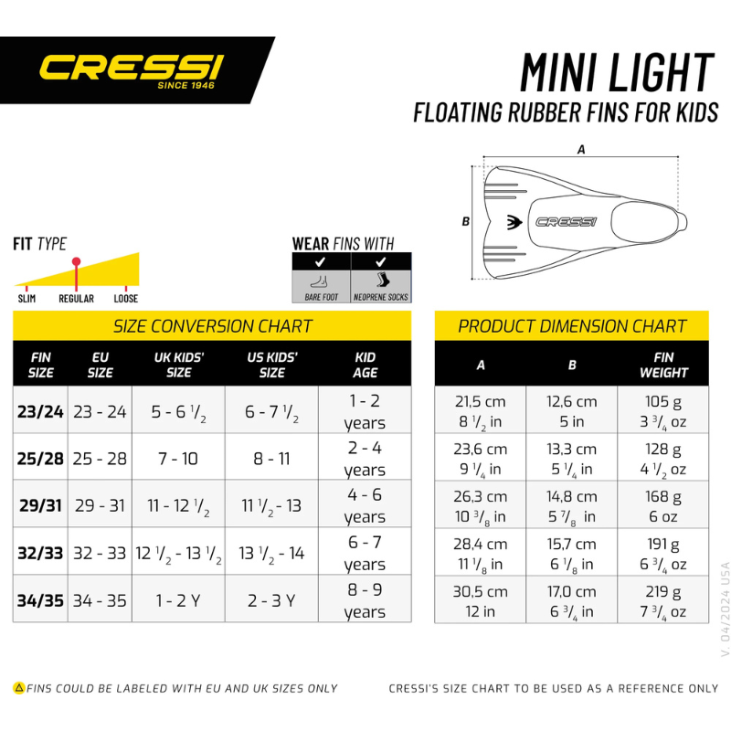 Size Chart for Yello Cressi Mini Light Kids Swimming Fins
