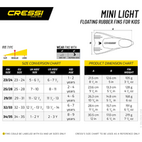 Thumbnail for Size Chart for Yello Cressi Mini Light Kids Swimming Fins