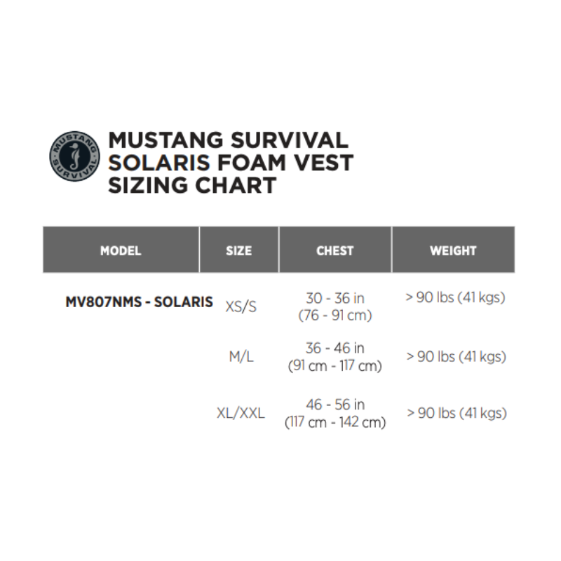 Size chart for Mustang Survival Solaris Foam Life Jacket - Blue/Black
