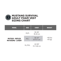 Thumbnail for Size chart of Mustang Survival Reflex M/L Foam Life Jacket - Royal Blue/Navy