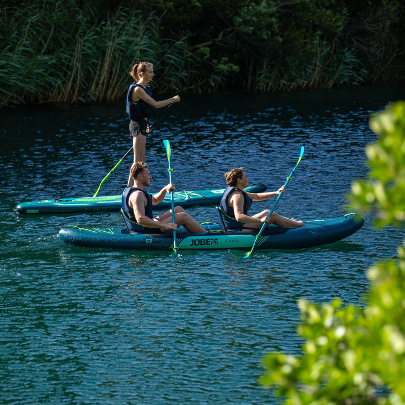 Three people on Gama Inflatable Kayak and an iSup
