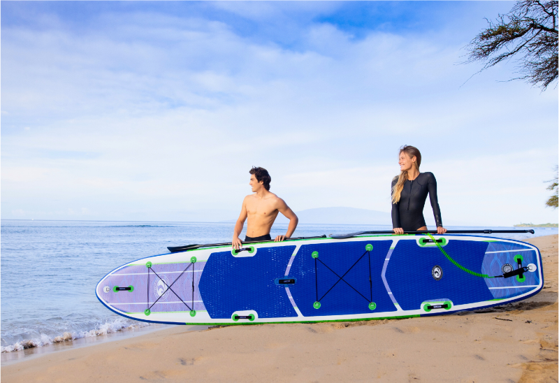 An inflatable paddle board designed for two people