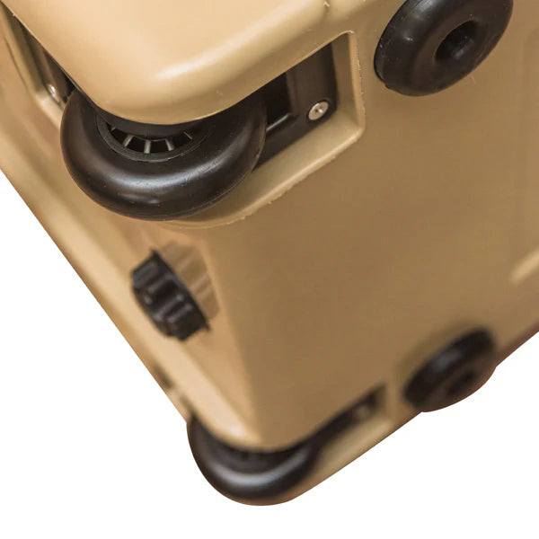 Close-up of a beige suitcase with black wheels on a white background