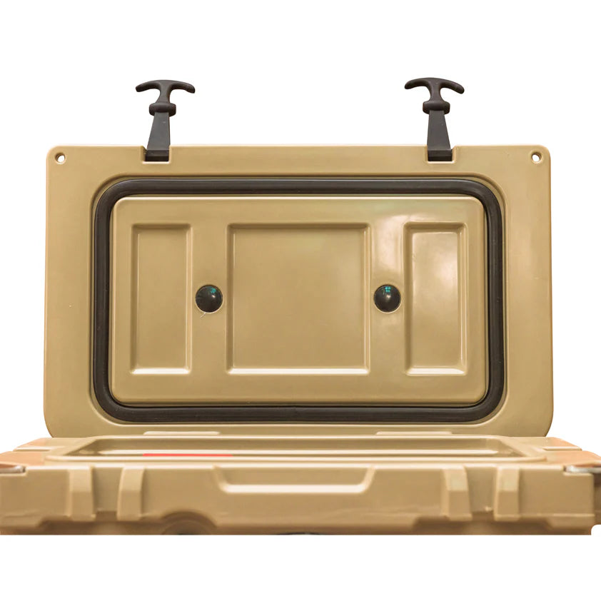 Beige storage container with a lid open on a white background