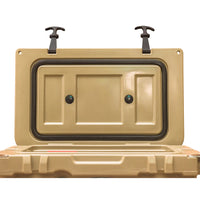 Thumbnail for Beige storage container with a lid open on a white background
