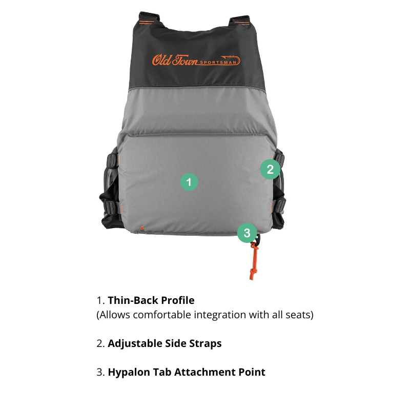 detailed features of back Old Town Treble Angler Sportsman Foam Life Jacket - Silver