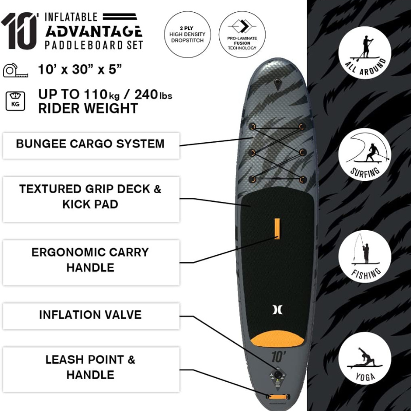 Hurley 10' Advantage Inflatable Paddle Board SUP - Black Tiger Details