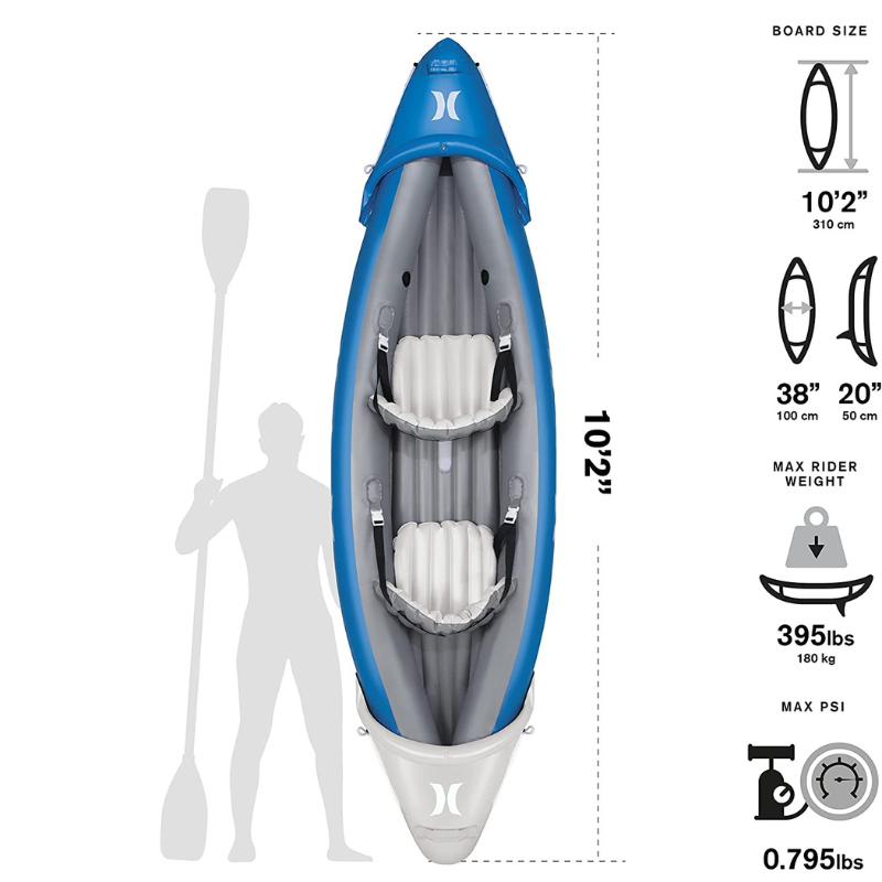 Hurley 10’2” Surf Tandem 2-Person Inflatable Kayak comparison size