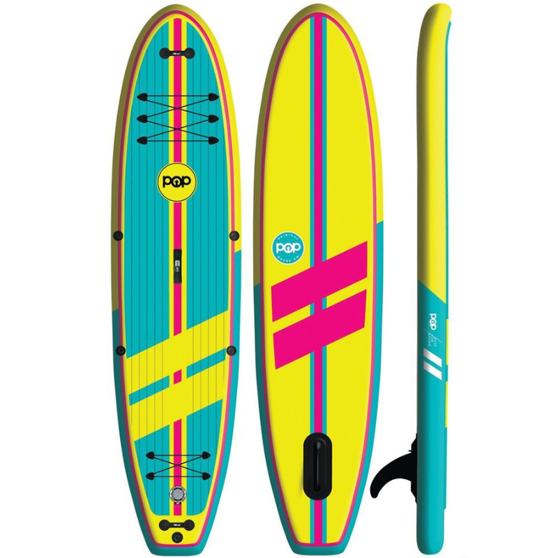 POP Board Co 11' Yacht Hopper Paddle Board Inflatable SUP - Turquoise/Pink/Yellow front back side