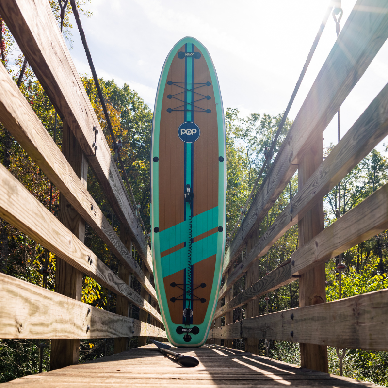 POP Board Co 11' Yacht Hopper Paddle Board Inflatable SUP - Teak/Blue/Mint full length