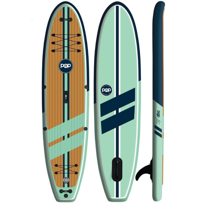 POP Board Co 11' Yacht Hopper Paddle Board Inflatable SUP - Teak/Blue/Mint front back side