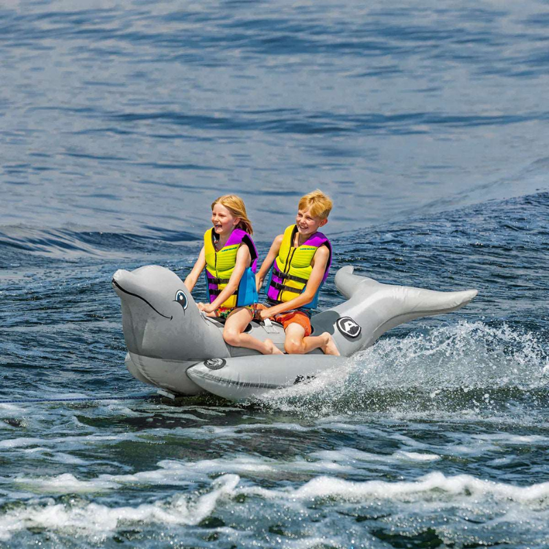 two children on Airhead 2 Person Inflatable Floating Platform - Dolphin Towable Tube
