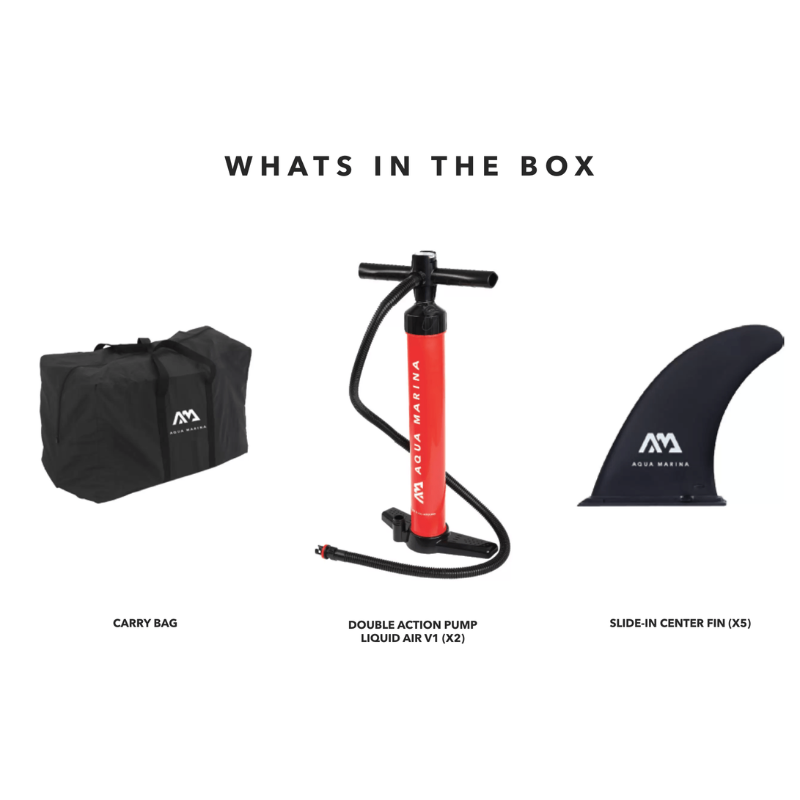 Whats in the box - Carry Bag, Double Action Hand Pump, Slide-in Fins 