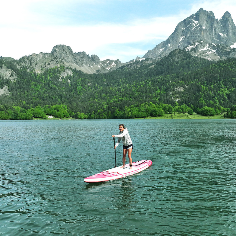 Aqua Marina 11’6” Coral 2023 Touring Inflatable Paddle Board Raspberry in the lake