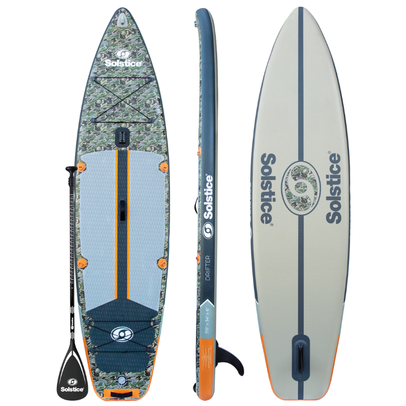 Solstice 11'6" Drifter Inflatable Paddleboard Fishing SUP Full Kit front back side